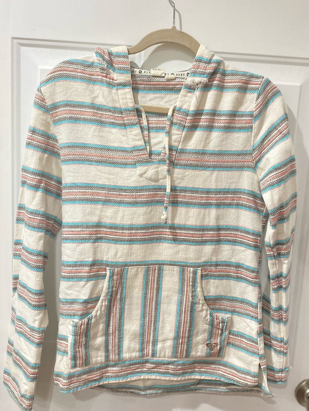 Roxy Striped Hooded Pullover in Cream, Teal & Rust